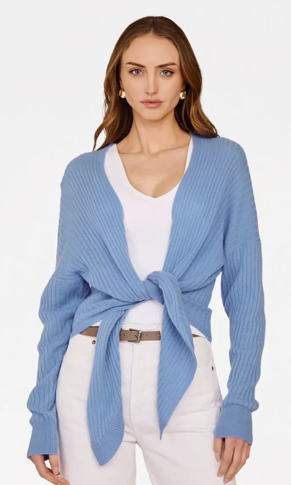 Tie Front Rib Cardigan in Cielo